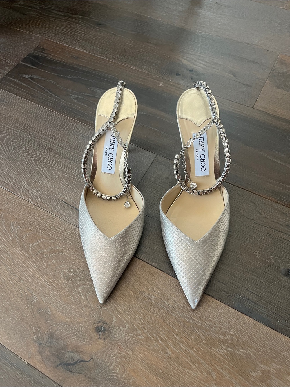 Jimmy Choo Silver Crystal-Embellished Pointed Mules